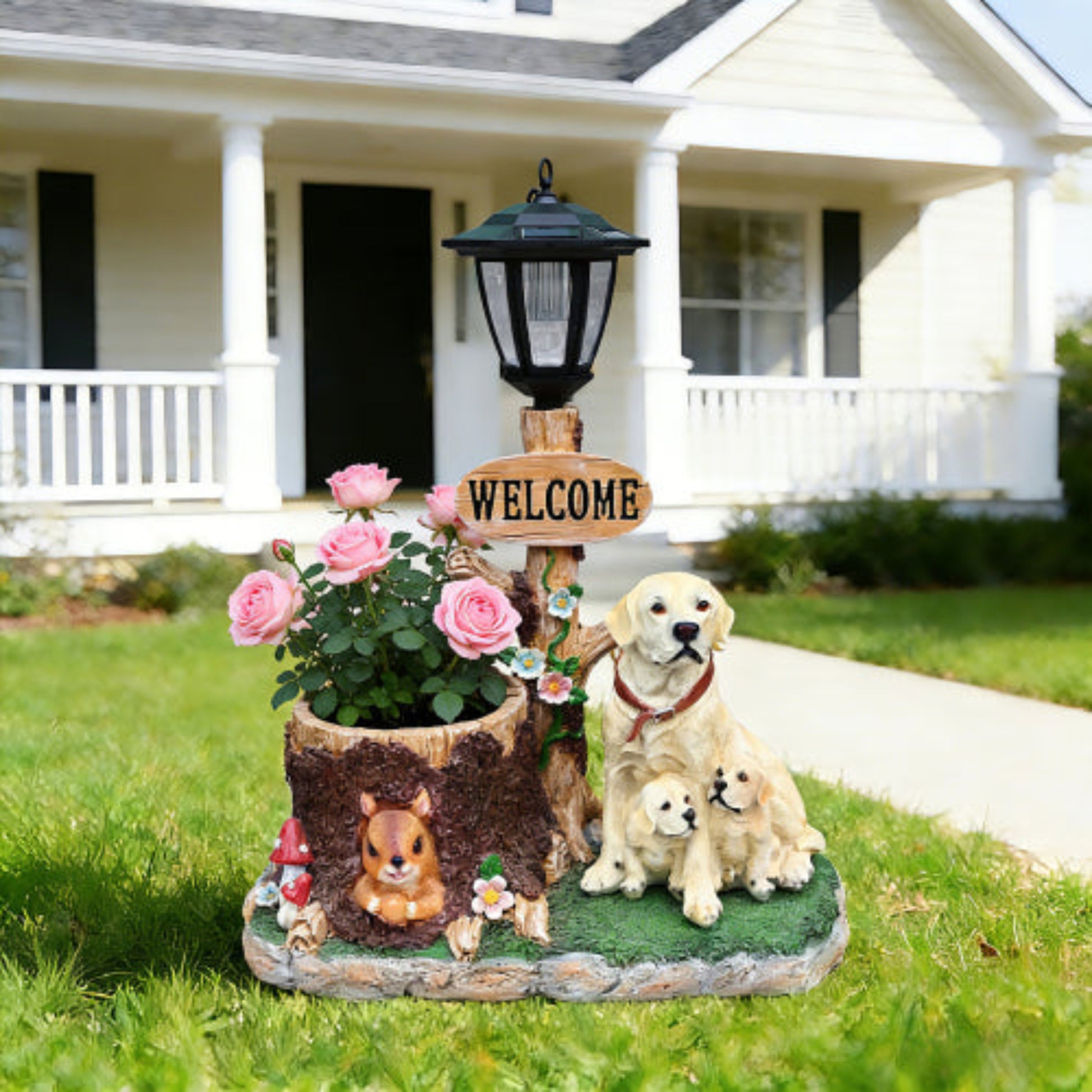 Labrador Dog Family Shaped Planter Statue with Gentle Design for Home Gardening Use