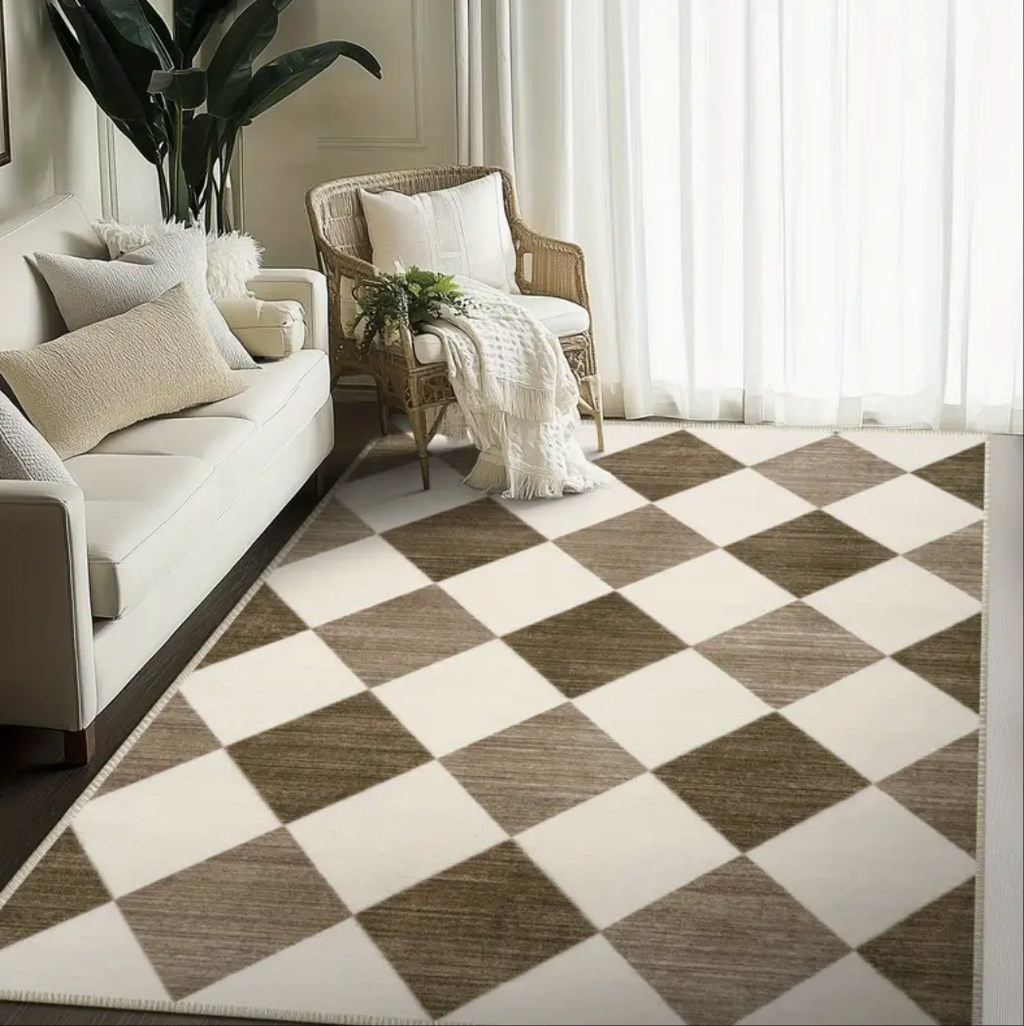 Modern Diamond Grid Beige Area Rug, Low Pile Washable Non-Slip Polyester Mat for Bedroom & Living Room