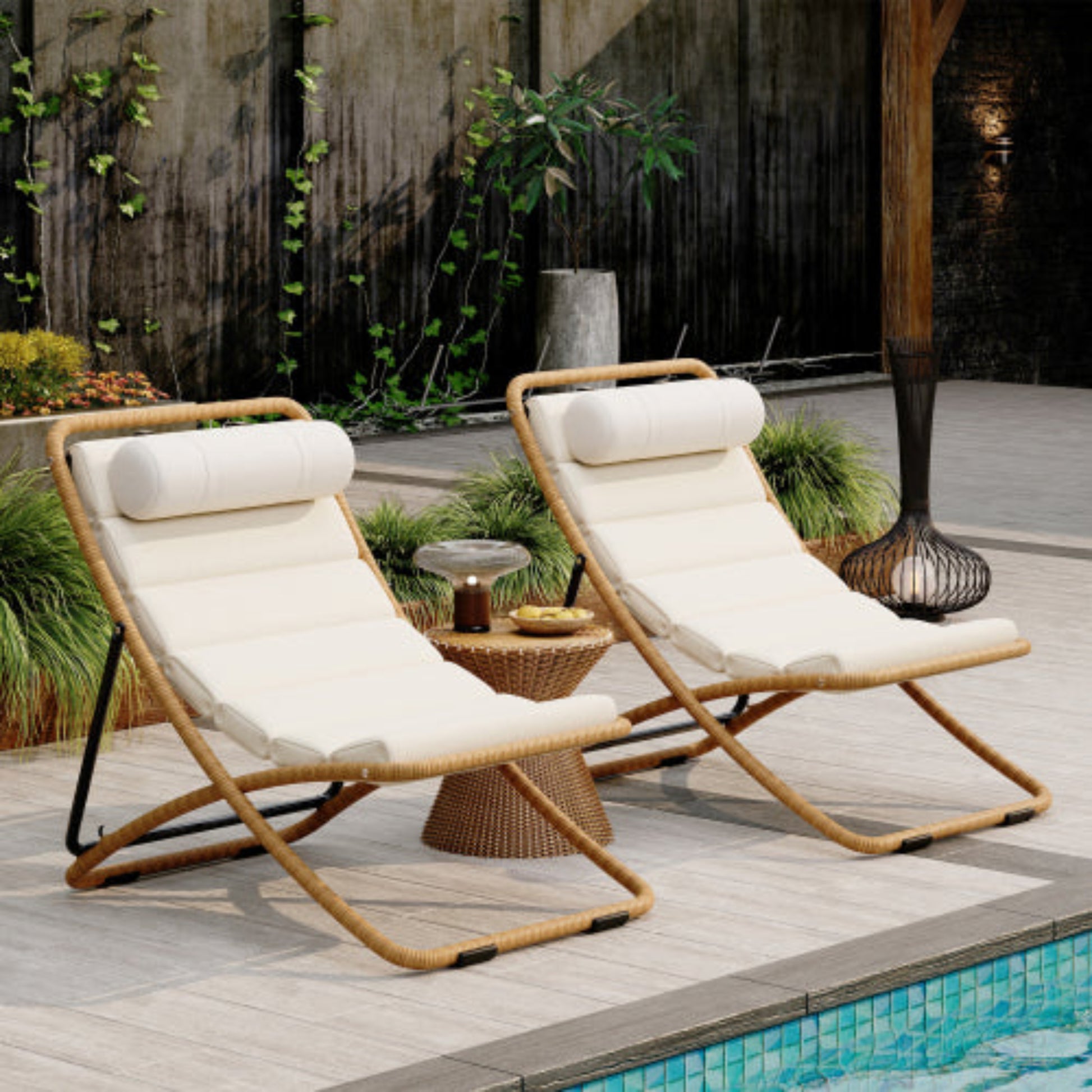 2-Pieces Outdoor Folding Rattan Chair with Adjustable Backrest for Patio Beach and Camping