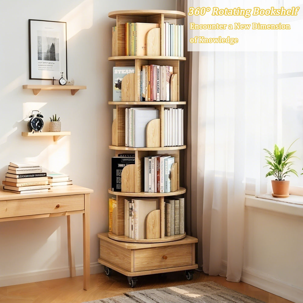 Chic Crate-6-Tier Rotating Bookshelf – 360° Display | Wheels+Drawer | Space-Saver | Bedroom/Living Room/Office | Wood