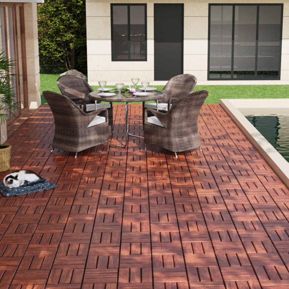 Chic Crate 10Pack 12in Checker Pattern Deck Tiles – Interlocking Brown Acacia Hardwood Flooring
