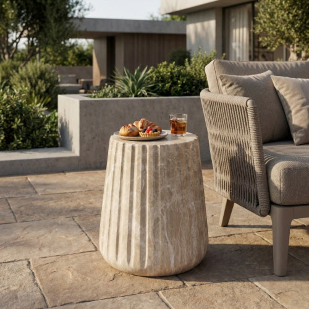 Multi-Functional Outdoor/Indoor Side Table, Sturdy Pedestal Base, Luxury Neutral Tones, No Assembly Required