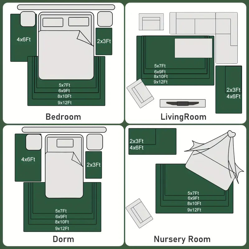 Grass Green Fluffy Shag Area Rug with Non-Slip Base & 4 Reusable Stickers, Soft Plush Mat