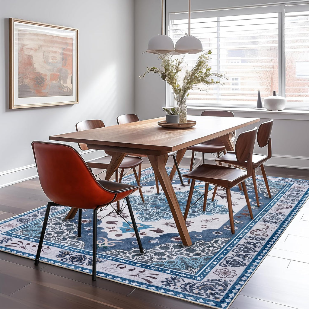 Washable Traditional Area Rug, Thin Foldable Distressed Floral Non-Slip Carpet for Bedroom Living Room Kitchen