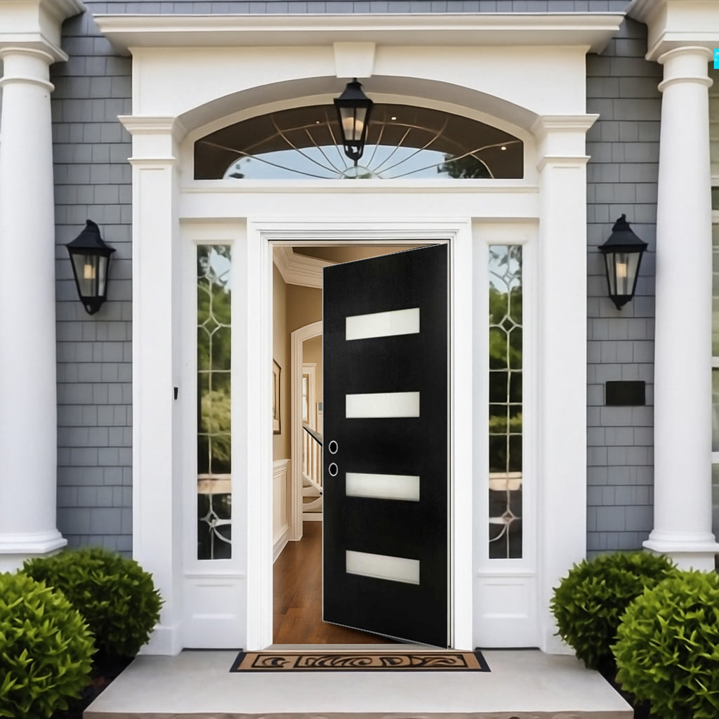 Chic Crate 36x80 Fiberglass Entry Door with Frosted Glass, Left Hand Inswing, Brickmould & Vinyl Frame