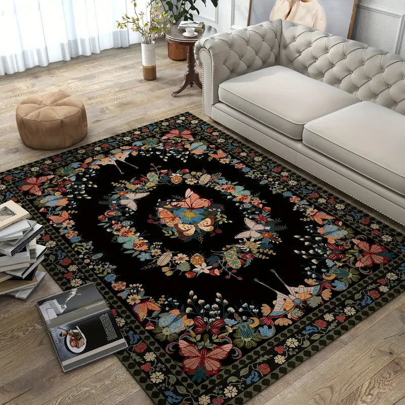 Black Butterfly Floral Washable Area Rug, Low Pile Non-Slip Indoor Carpet for Living Room & Bedroom
