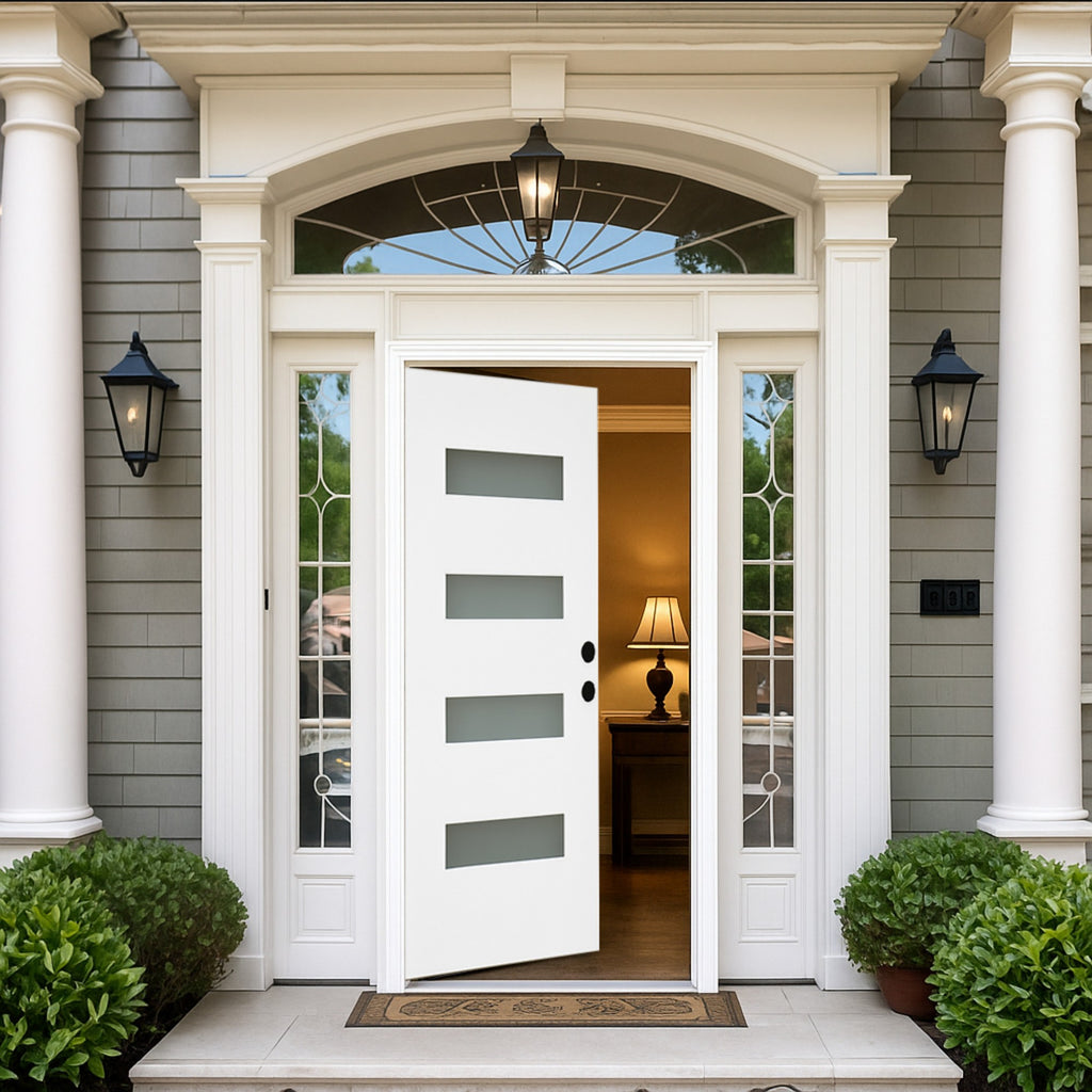 Chic Crate 36x80 Fiberglass Entry Door with Frosted Glass, Left Hand Inswing, Brickmould & Vinyl Frame