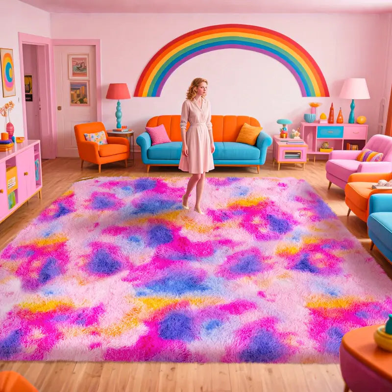 Rainbow Tie-Dyed Shag Rug, Ultra Soft 1.7" Thick, Non-Slip Backing, 100% Polyester, Multi Sizes & Shapes