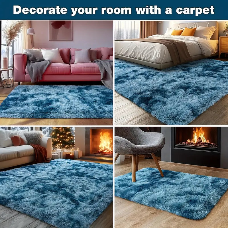 Extra Large Plush Shag Area Rug, 1.7" Thick Ultra Soft Non-Slip Tie-Dye Peacock Blue Mat