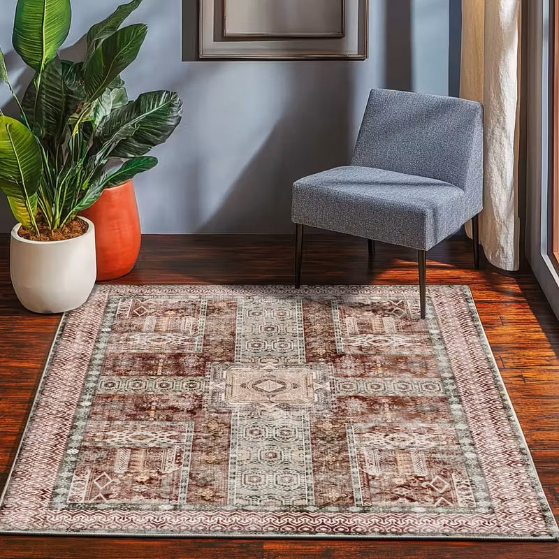 Vintage Floral Washable Area Rug, Non-Slip Low Pile Polyester Carpet for Living Room & Bedroom