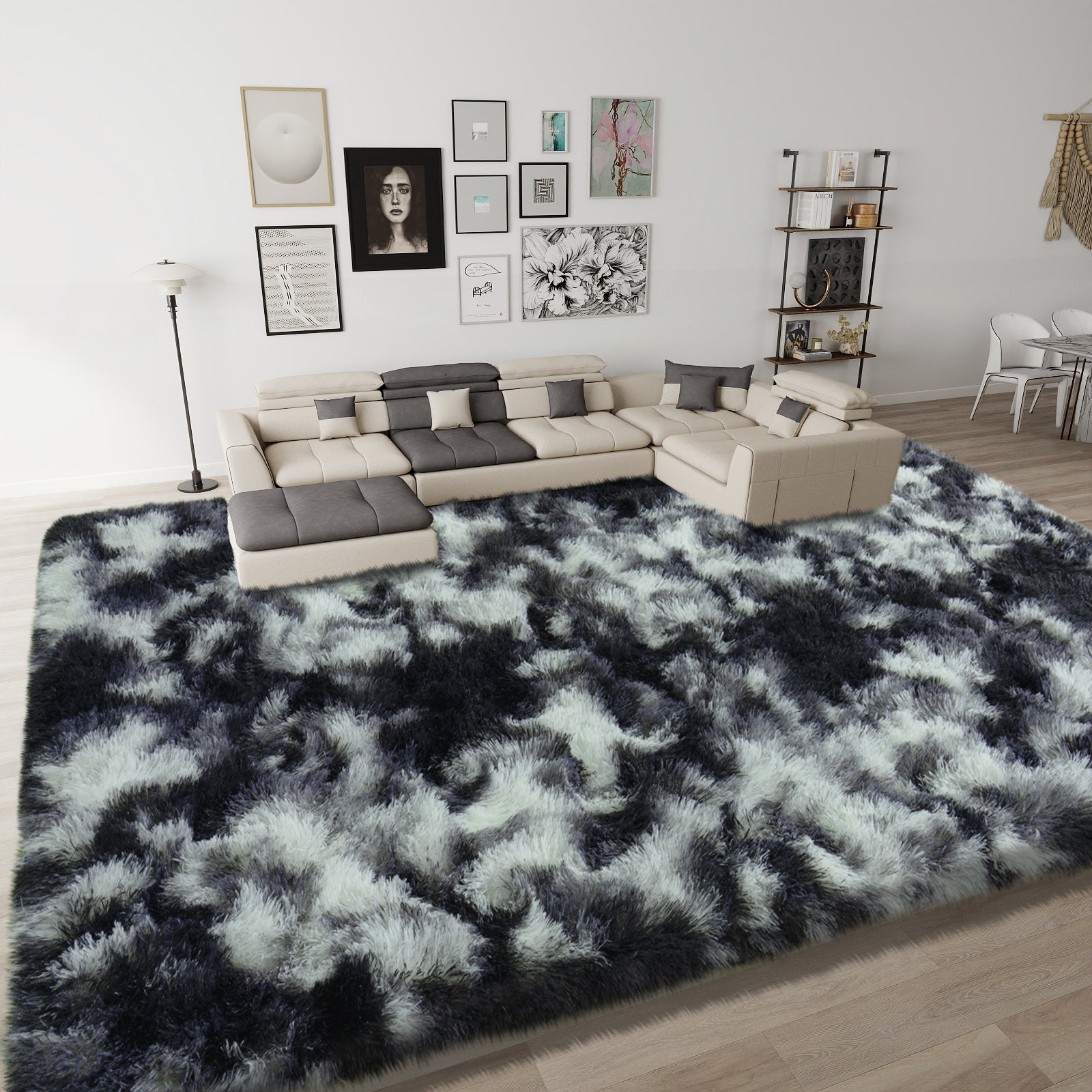 Extra Large Plush Shag Area Rug, 1.7" Thick Ultra Soft Non-Slip Tie-Dye Peacock Blue Mat