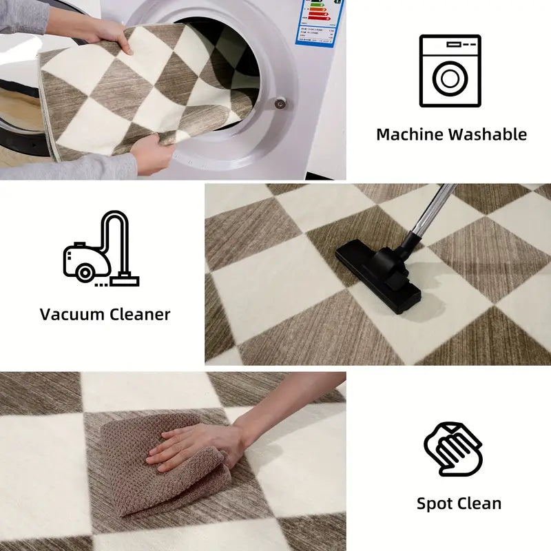 Modern Diamond Grid Beige Area Rug, Low Pile Washable Non-Slip Polyester Mat for Bedroom & Living Room