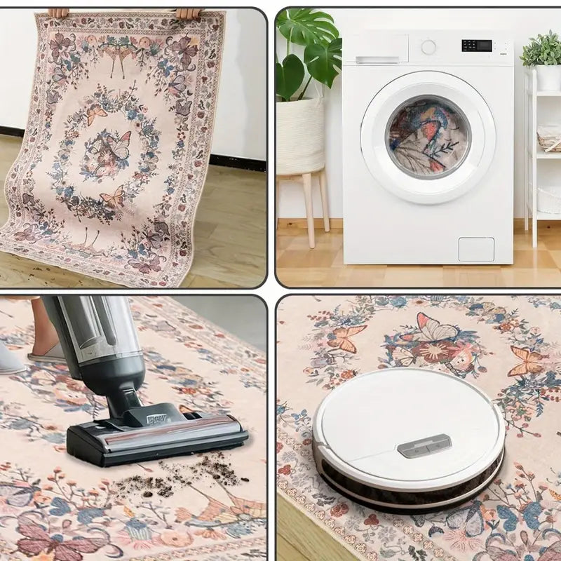 Large Beige Butterfly Floral Area Rug, Ultra-Thin Non-Slip Washable Mat for Living Room & Bedroom