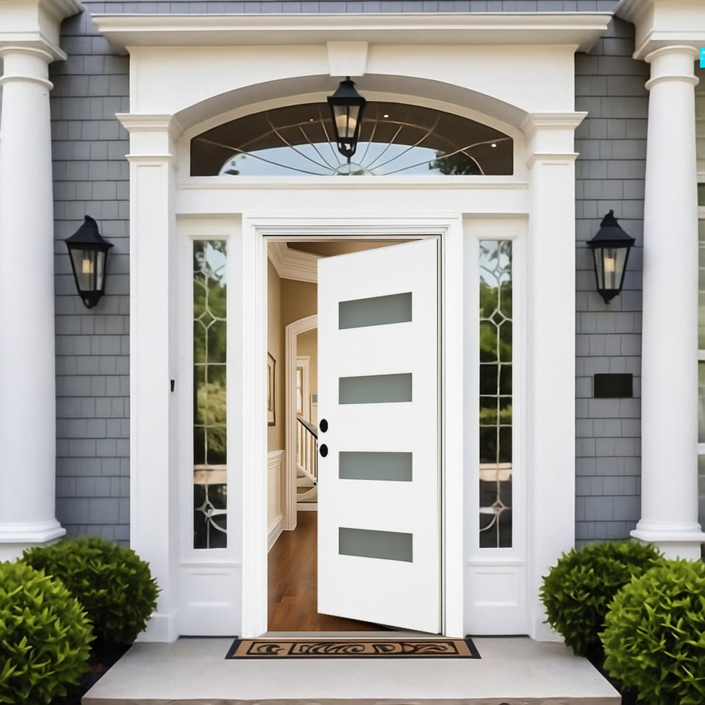 Chic Crate 36x80 Fiberglass Entry Door with Frosted Glass, Left Hand Inswing, Brickmould & Vinyl Frame