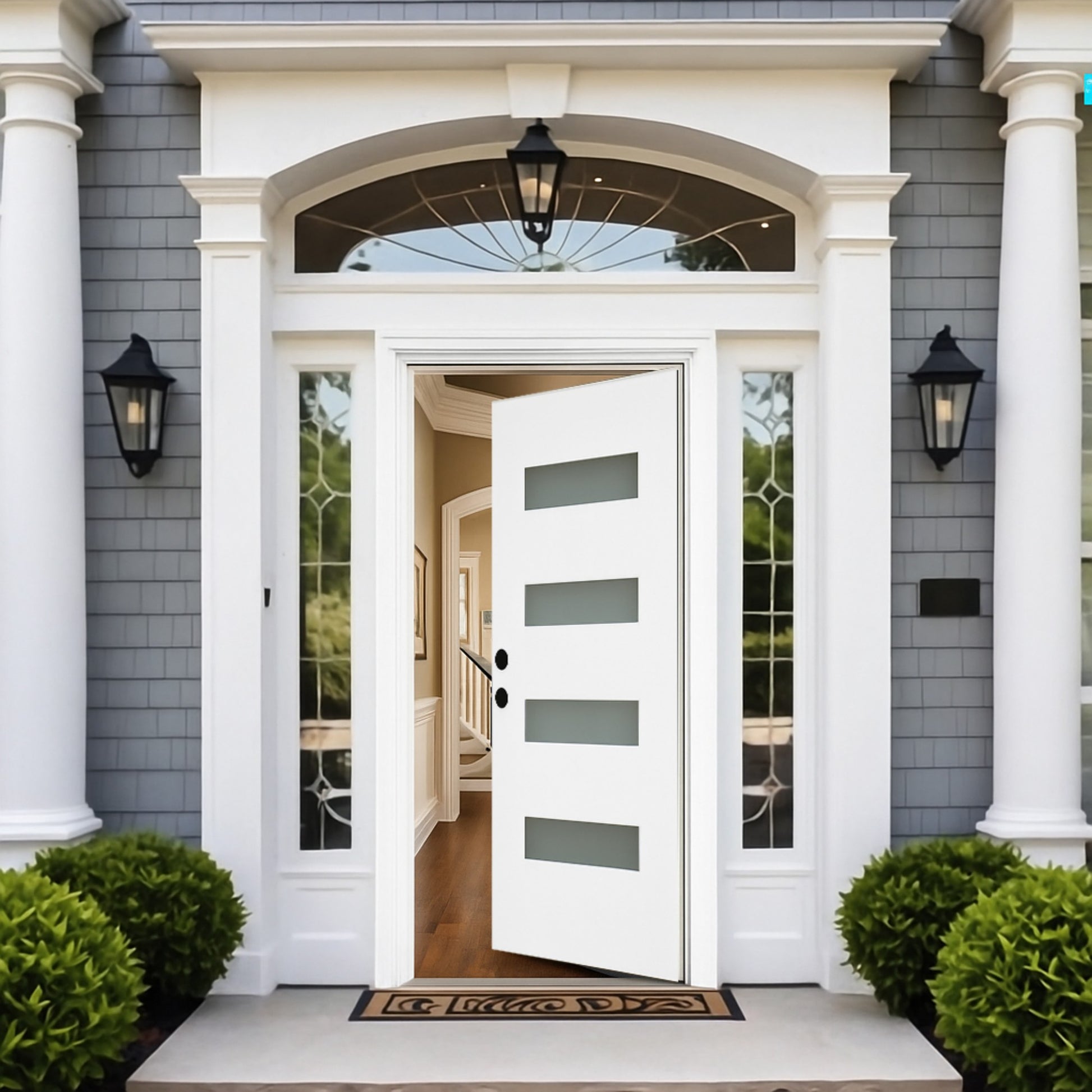 Chic Crate 36x80 Fiberglass Entry Door with Frosted Glass, Left Hand Inswing, Brickmould & Vinyl Frame