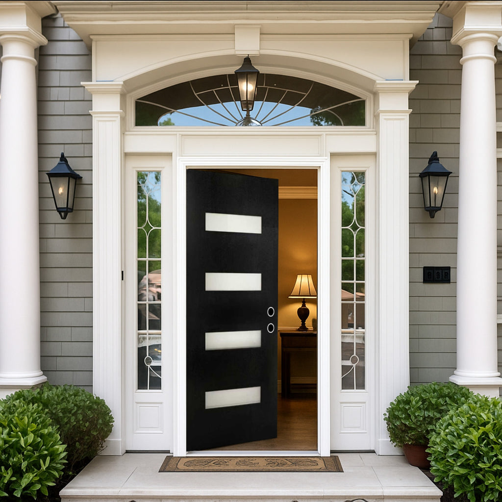 Chic Crate 36x80 Fiberglass Entry Door with Frosted Glass, Left Hand Inswing, Brickmould & Vinyl Frame