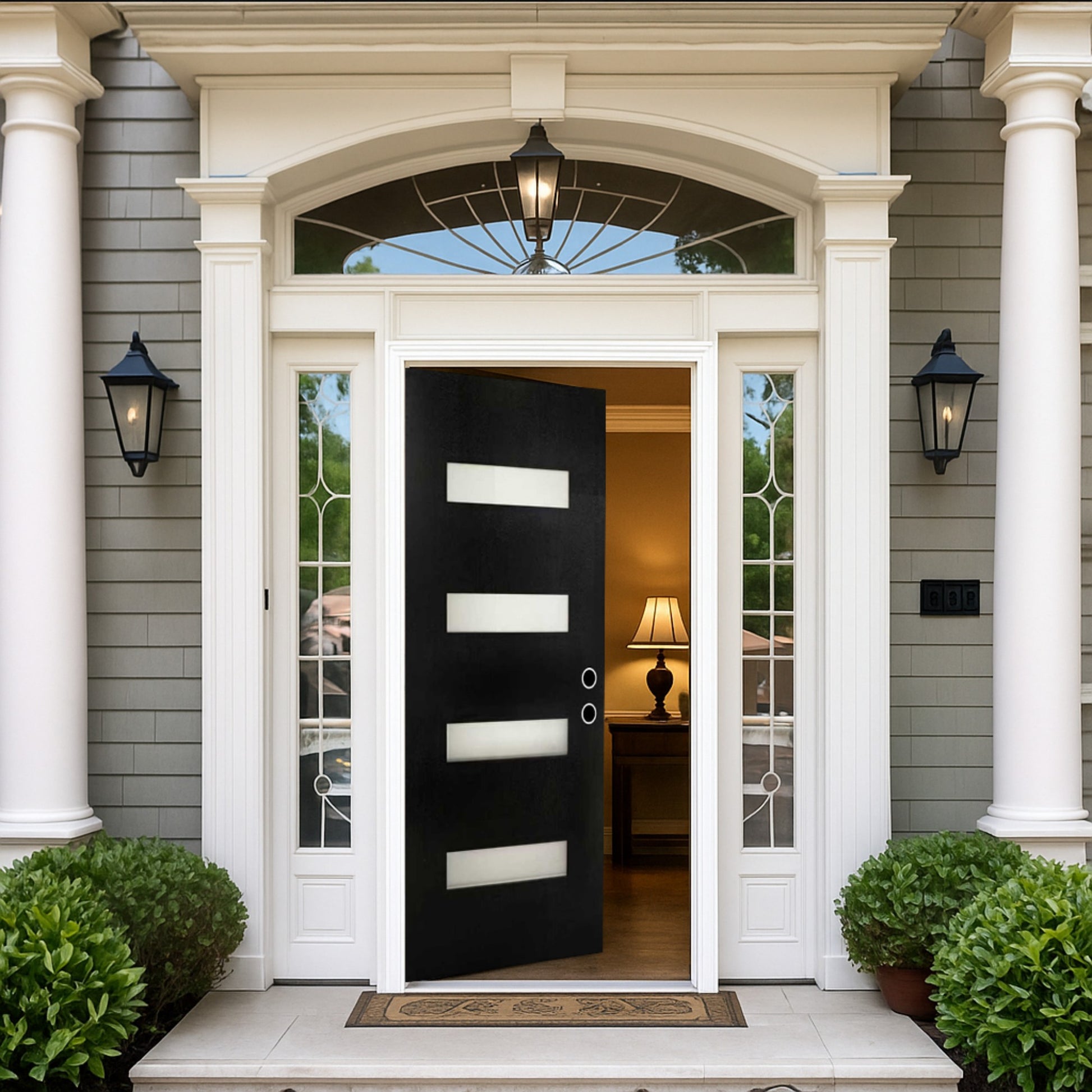 Chic Crate 36x80 Fiberglass Entry Door with Frosted Glass, Left Hand Inswing, Brickmould & Vinyl Frame