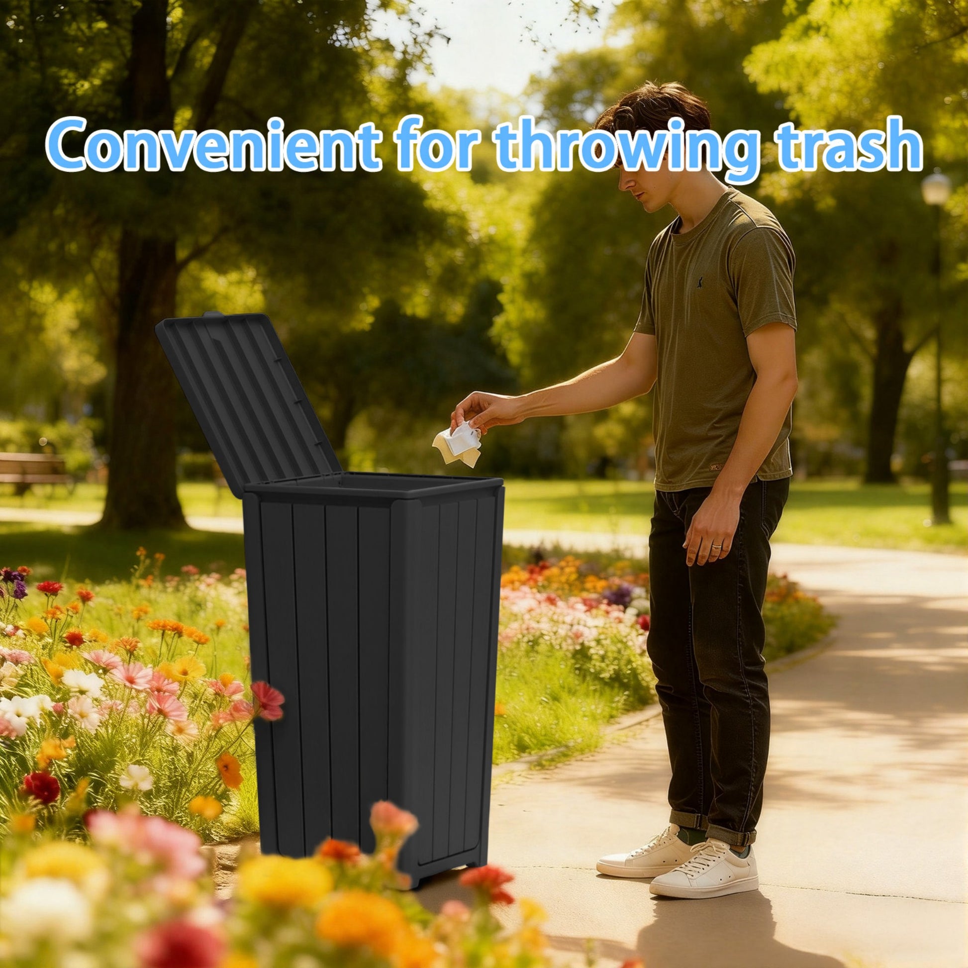 23 Gallon Outdoor Trash Bin, Resin Manual Lift Garbage & Recycling Storage Deck Box with Lid
