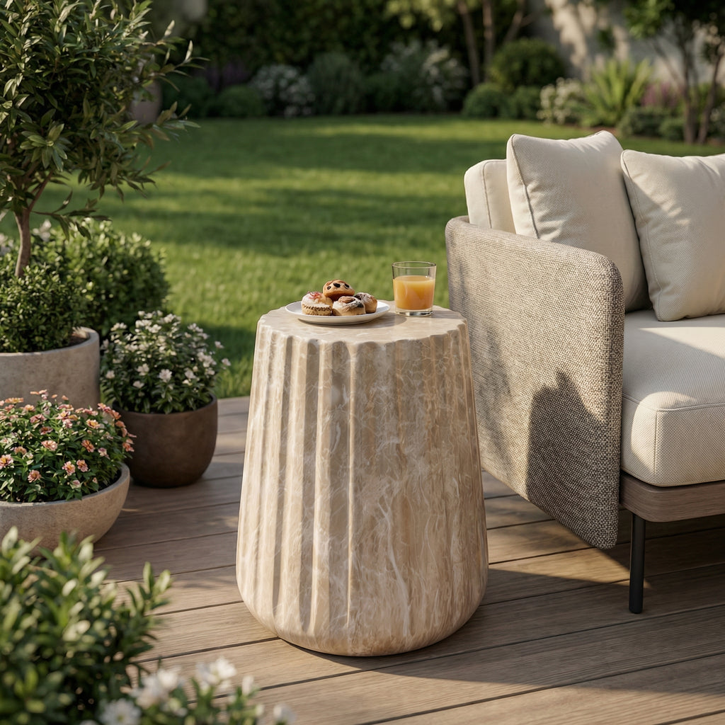 Multi-Functional Outdoor/Indoor Side Table, Sturdy Pedestal Base, Luxury Neutral Tones, No Assembly Required
