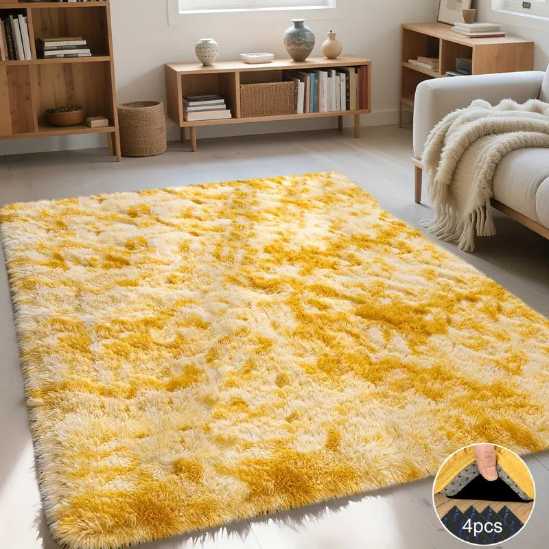 Tie-Dyed Yellow Area Rug with 4 Reusable Stickers, Soft Shaggy Non-Slip Mat for Home Decor