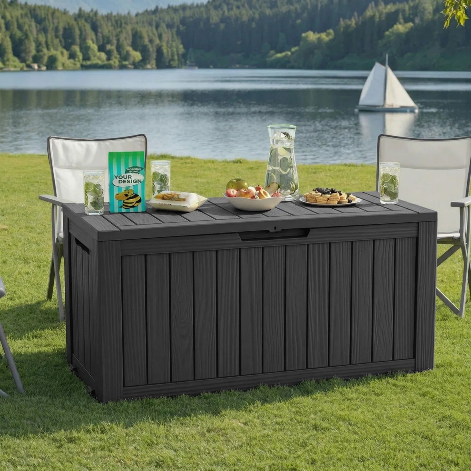 75 Gallon Outdoor Deck Box, Water-Resistant Resin Storage Box with Lockable Lid for Patio