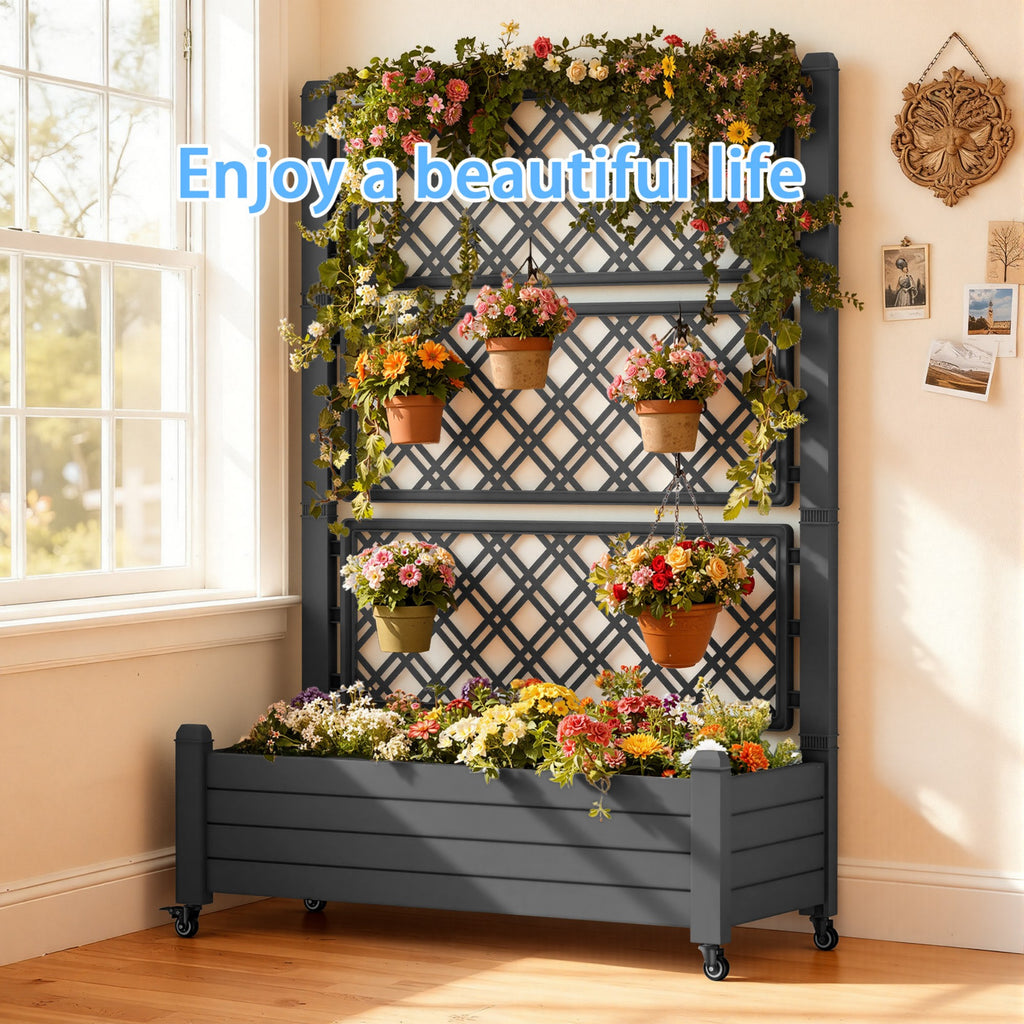 Planter Box with Trellis & Wheels, Large Raised Garden Bed, Outdoor Plastic Planter for Climbing Plants