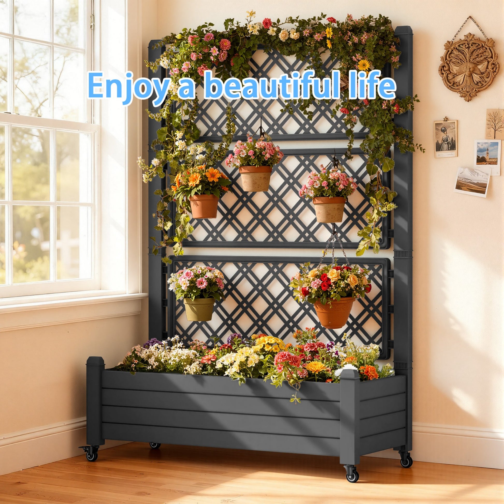 Planter Box with Trellis & Wheels, Large Raised Garden Bed, Outdoor Plastic Planter for Climbing Plants