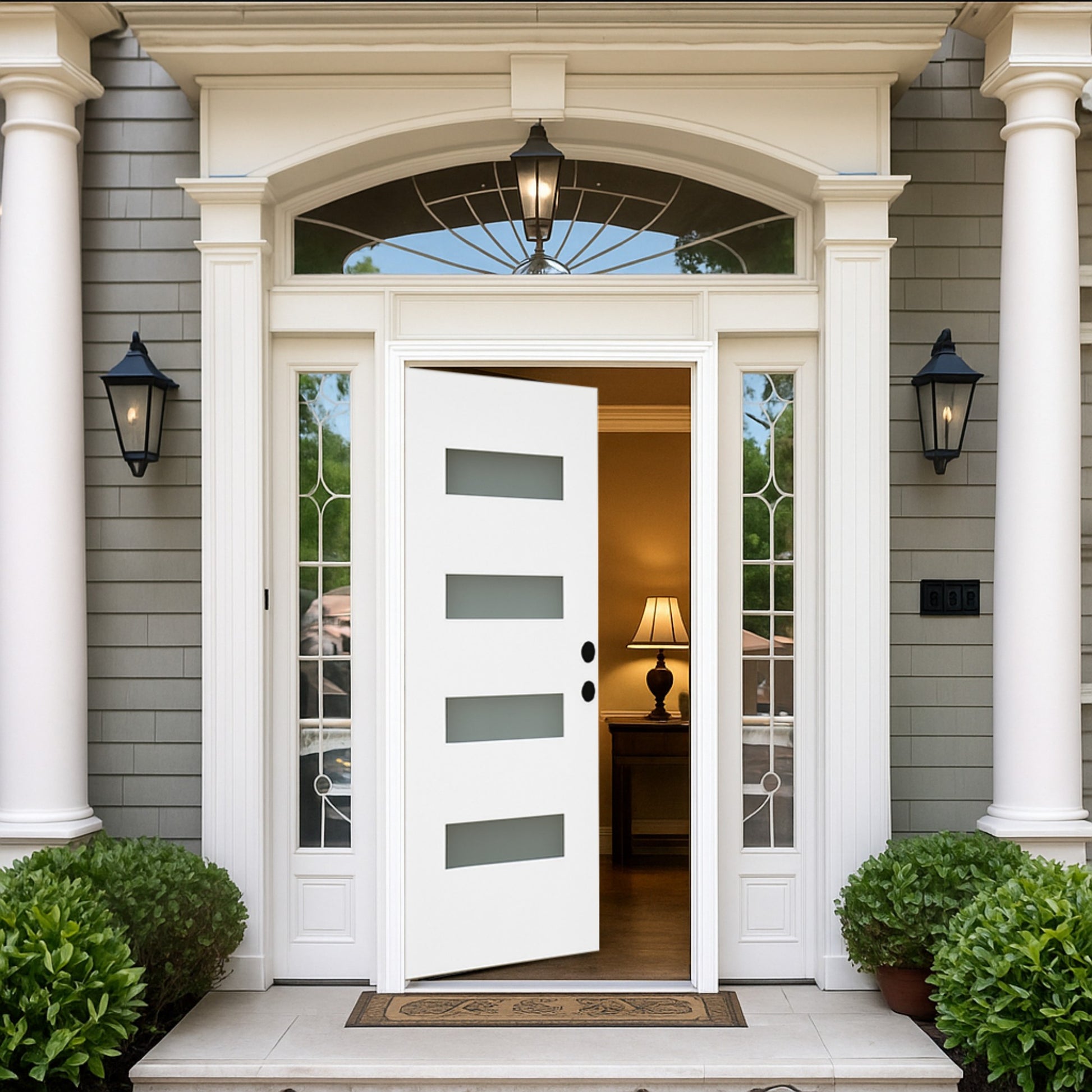 Chic Crate 36x80 Fiberglass Entry Door with Frosted Glass, Left Hand Inswing, Brickmould & Vinyl Frame