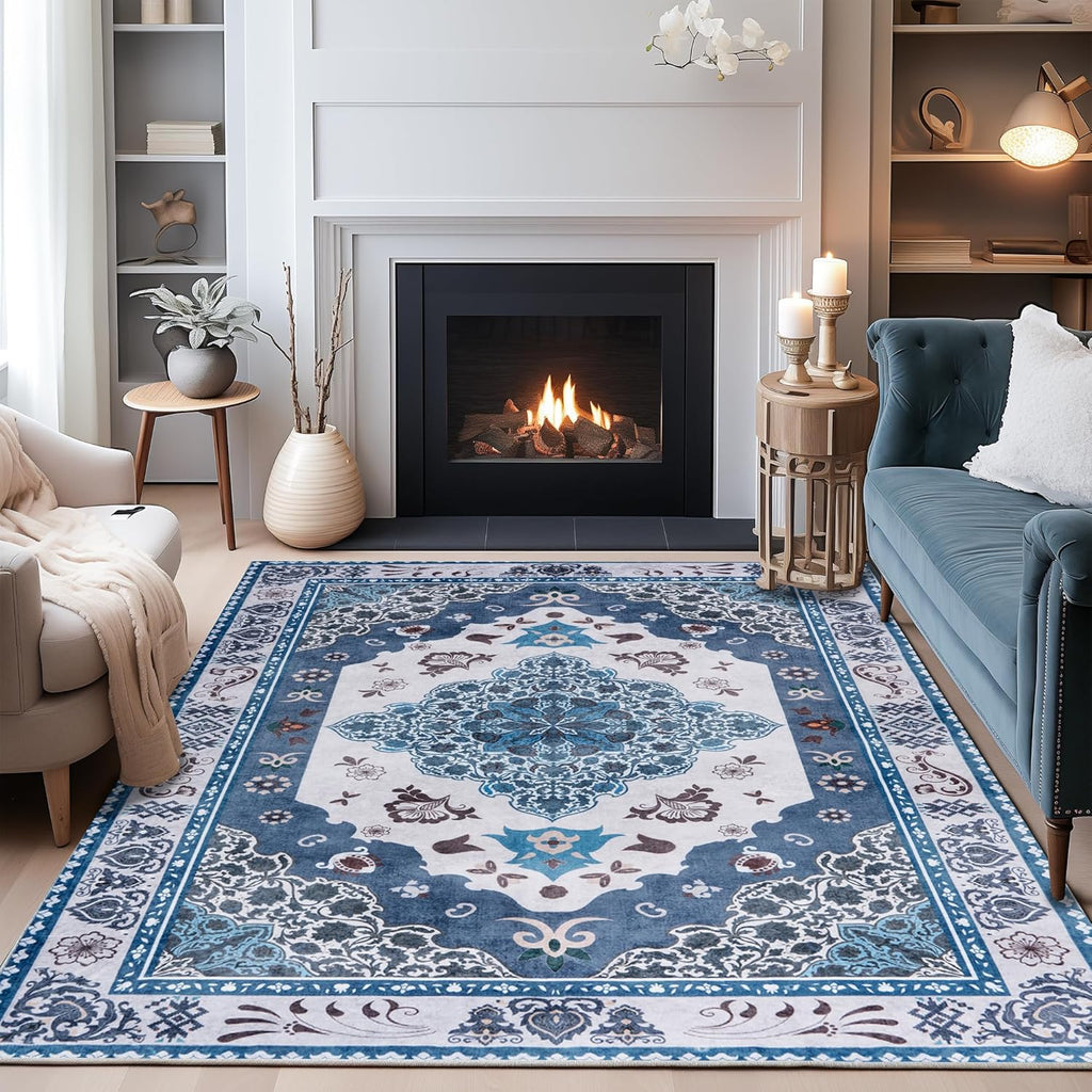 Washable Traditional Area Rug, Thin Foldable Distressed Floral Non-Slip Carpet for Bedroom Living Room Kitchen