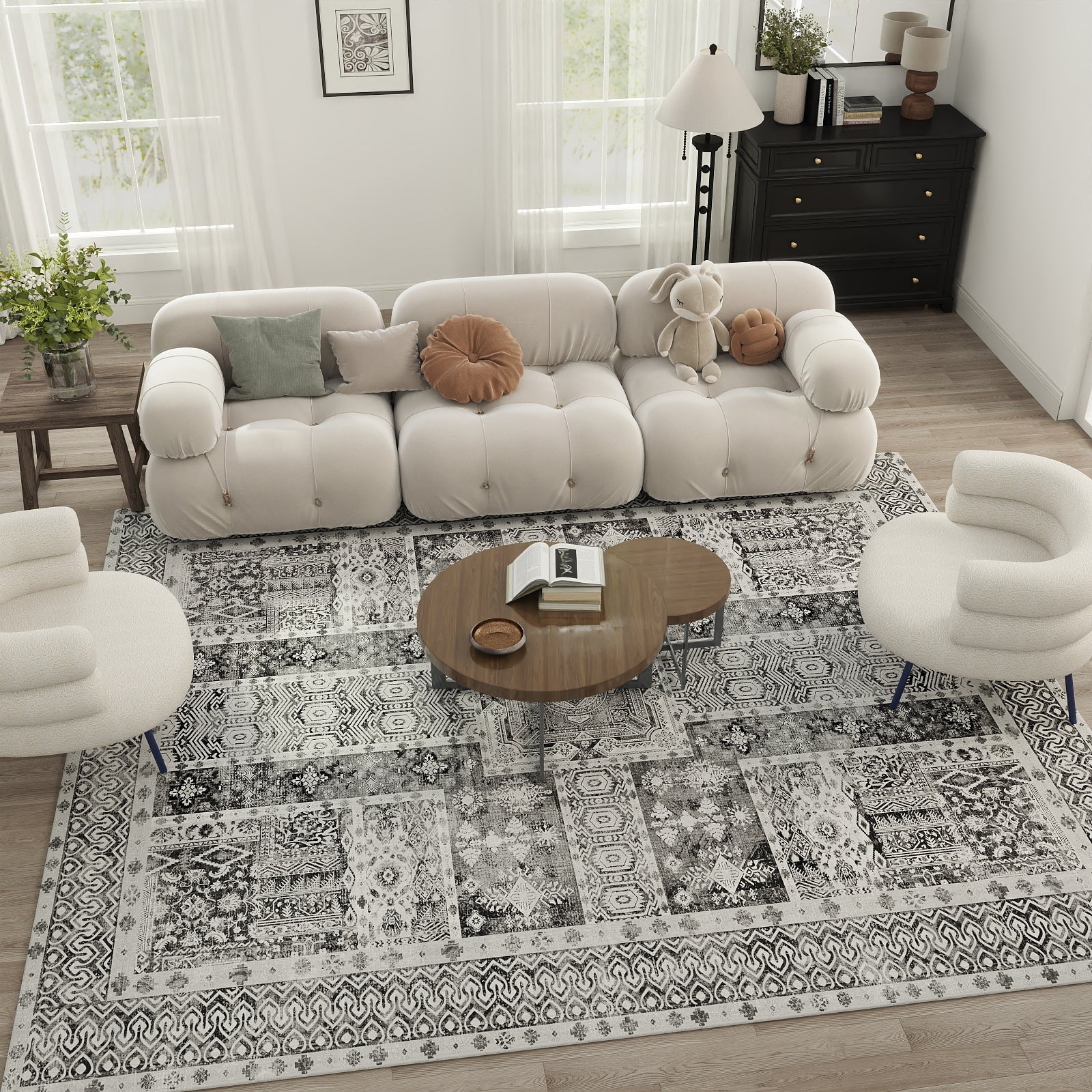 5x7ft Washable Vintage Area Rug, Thin Foldable Non-Slip Distressed Floral Carpet for Bedroom Living Room Bathroom