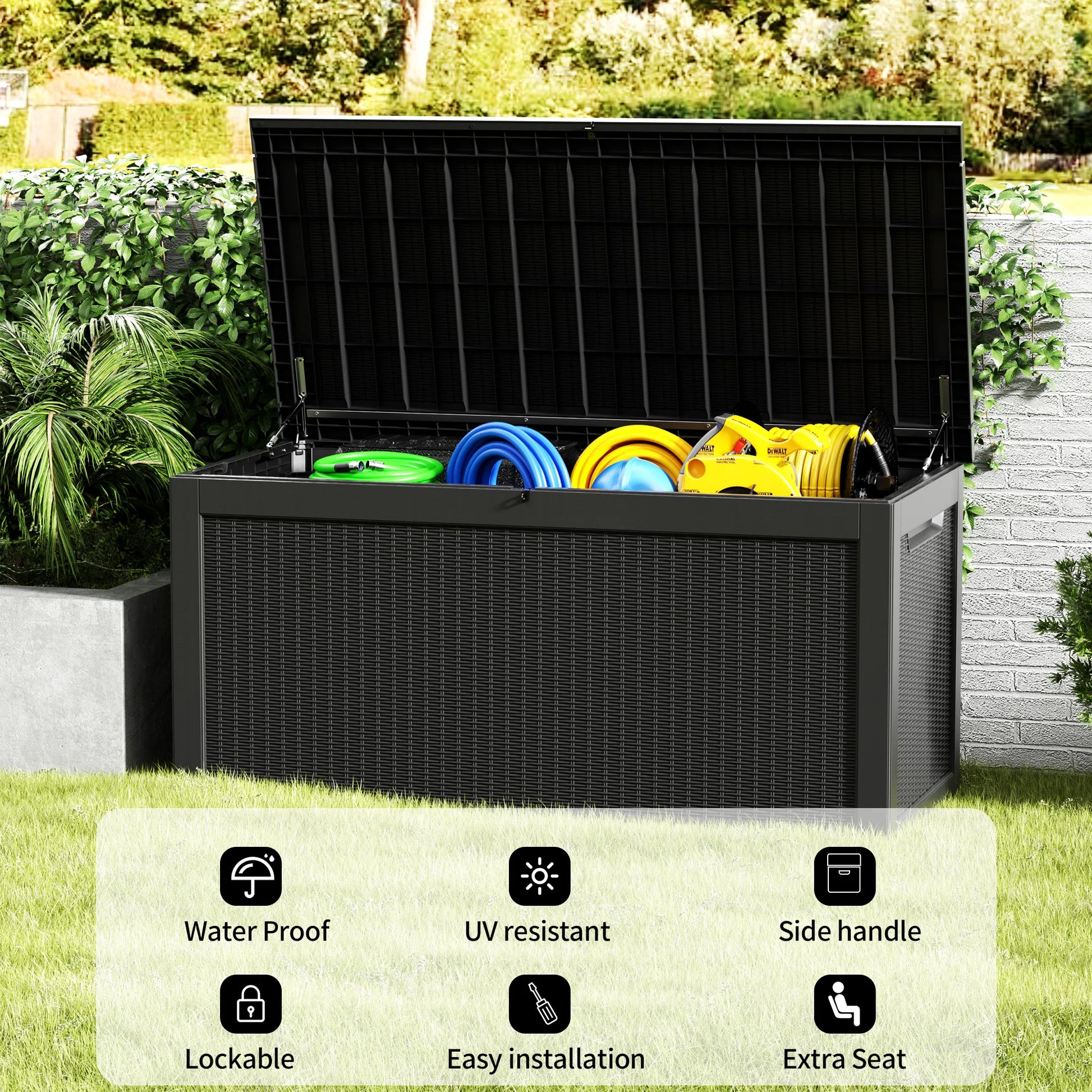 260 Gallon Resin Deck Box, Water-Resistant Lockable Outdoor Storage Box for Patio Organization