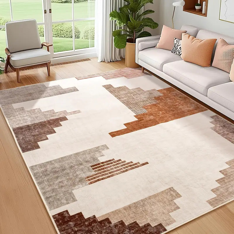 Modern Geometric Orange Area Rug, Low Pile Washable Non-Slip Polyester Mat for Entryway & Living Room