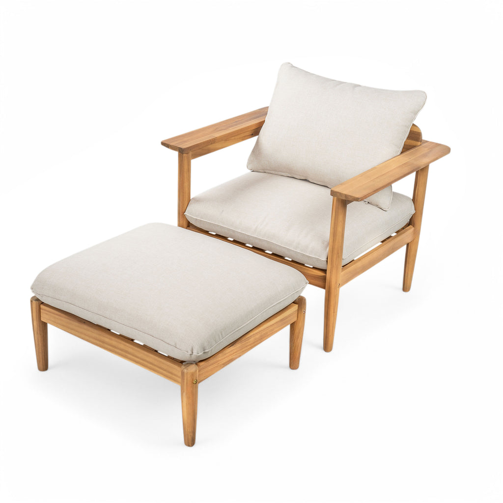 Modern Acacia Wood Outdoor Lounge Chair with Ottoman - Cushioned Patio Seating