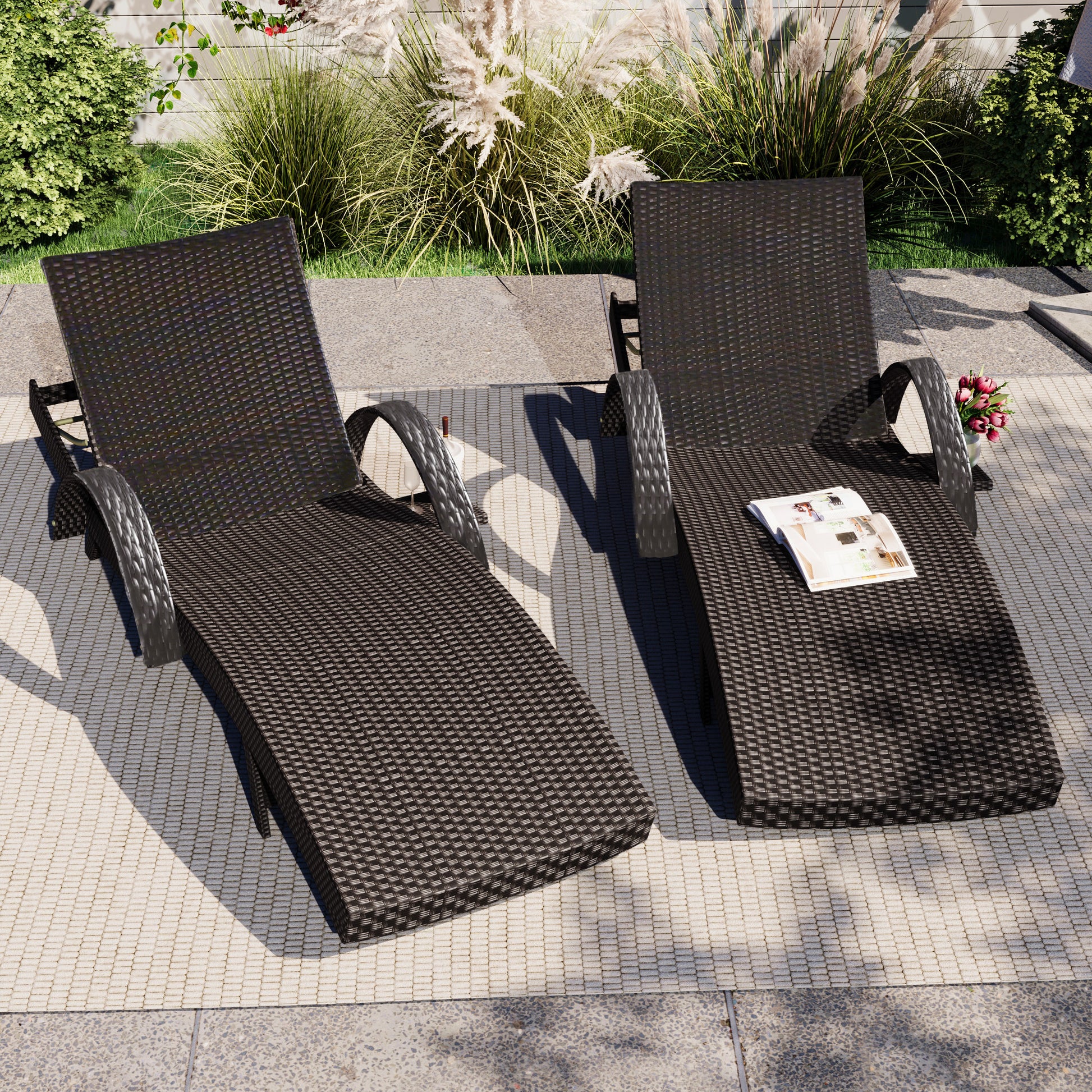 80'' Outdoor Wicker Chaise Lounge Chairs Set of 2, Patio Rattan Reclining Chair Pull-out Side Table Adjustable Backrest Ergonomic Wave Design Pool Sunbathing Recliners, Dark Brown