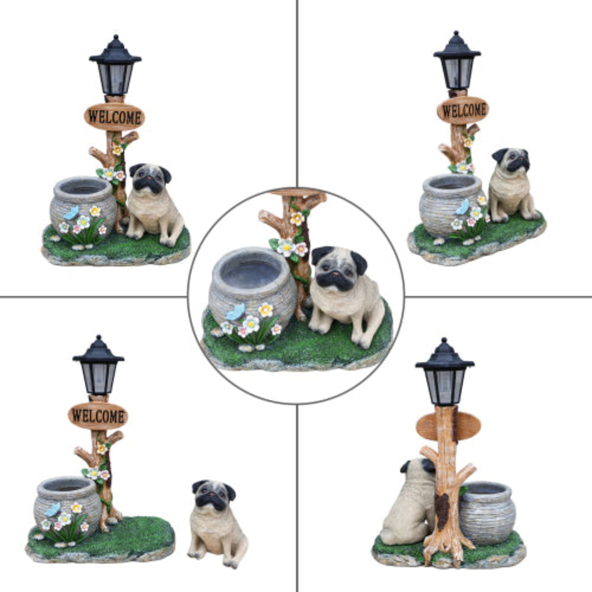 Sitting Pug Dog Shaped Planter Statue with Classic Design for Home and Desktop Greenery