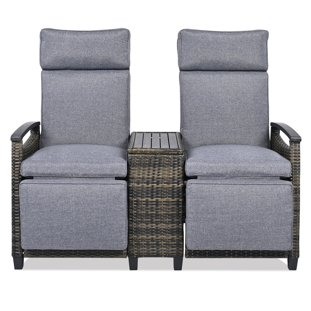 Patio Recliner Loveseat Chair, Adjustable Backrest Wicker Outdoor Lounge Chair Set with Acacia Wood Armrests and Built-in Storage Table for Balcony, Porch, Lawn, Gray
