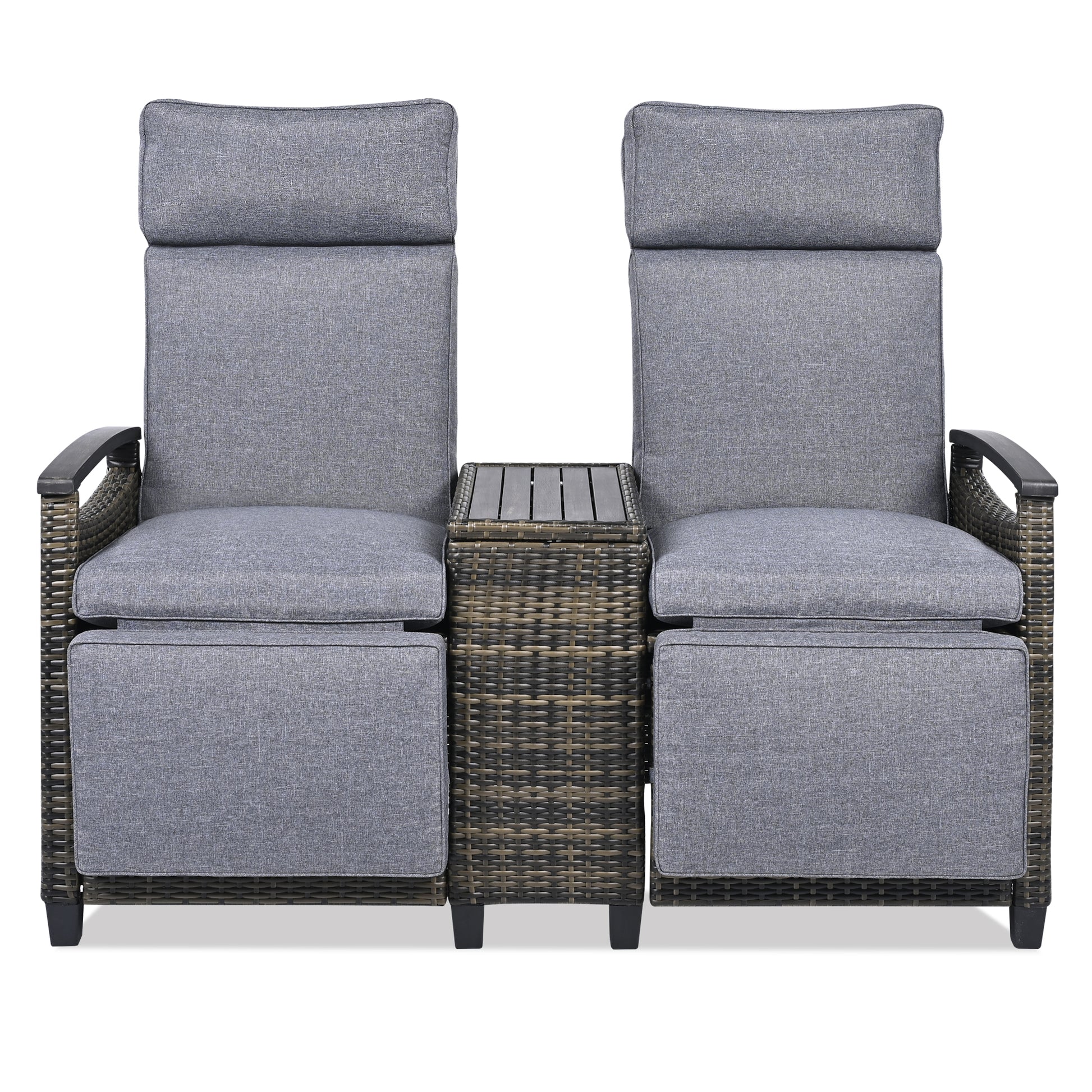 Patio Recliner Loveseat Chair, Adjustable Backrest Wicker Outdoor Lounge Chair Set with Acacia Wood Armrests and Built-in Storage Table for Balcony, Porch, Lawn, Gray