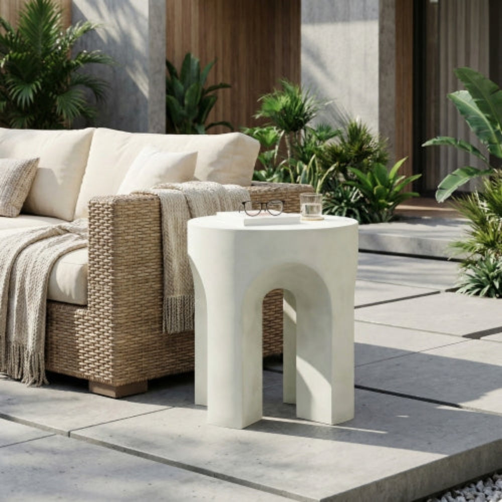 Outdoor Round Top Side Table, Antique White Finish, Living Room Accent Table for Patio, Home, Office - White
