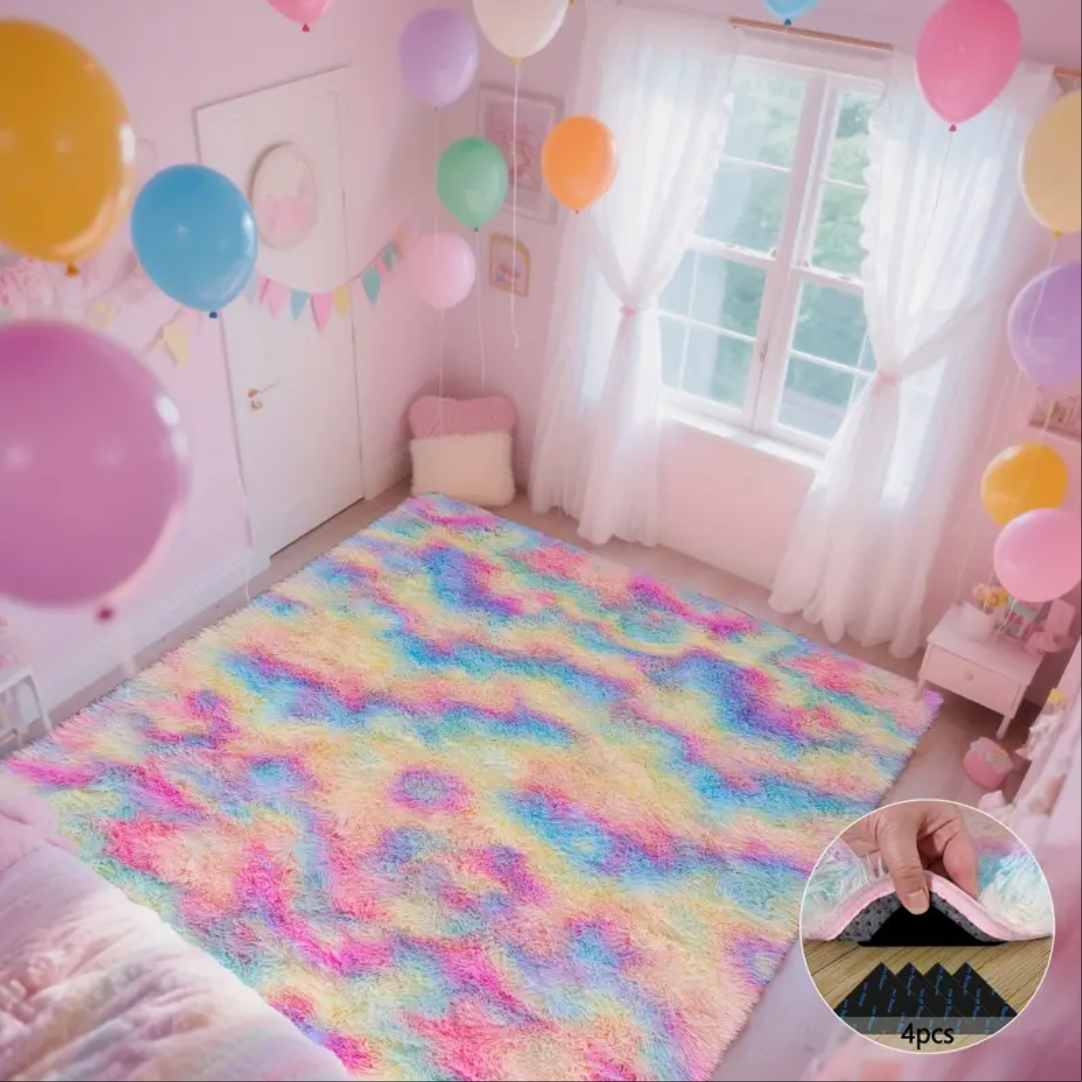 Rainbow Tie-Dye Fluffy Area Rug with Non-Slip Base & 4 Reusable Stickers, Plush Indoor Mat