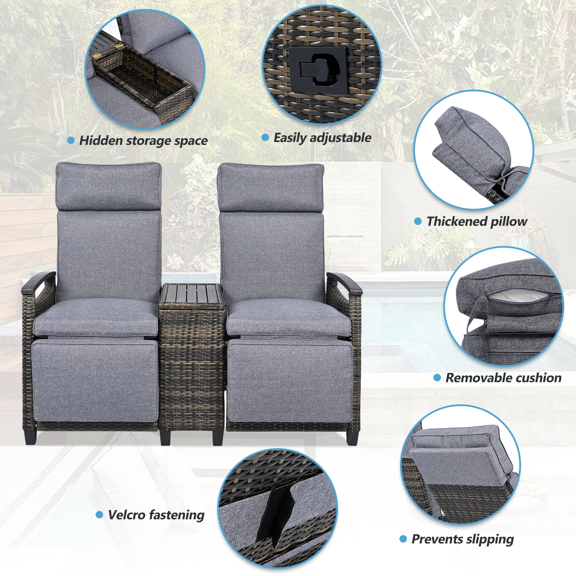 Patio Recliner Loveseat Chair, Adjustable Backrest Wicker Outdoor Lounge Chair Set with Acacia Wood Armrests and Built-in Storage Table for Balcony, Porch, Lawn, Gray