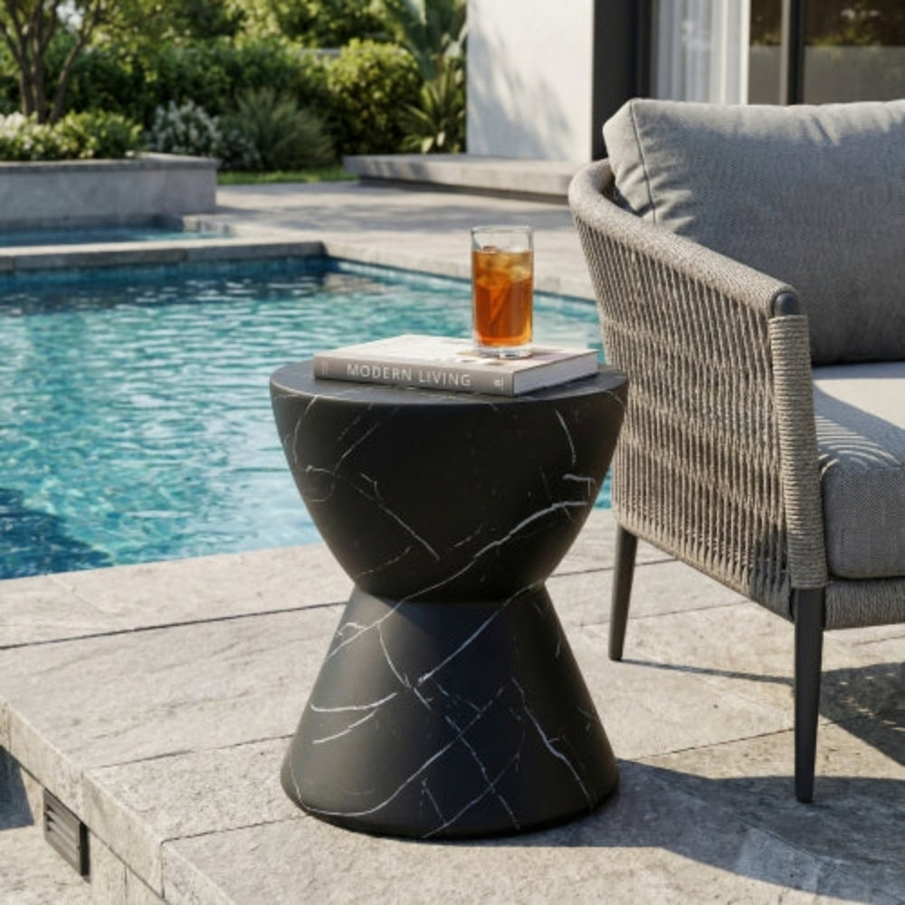Outdoor Lightweight Concrete MGO Side Table, Marble Finish, Living Room Accent Table for Patio & Home - Black