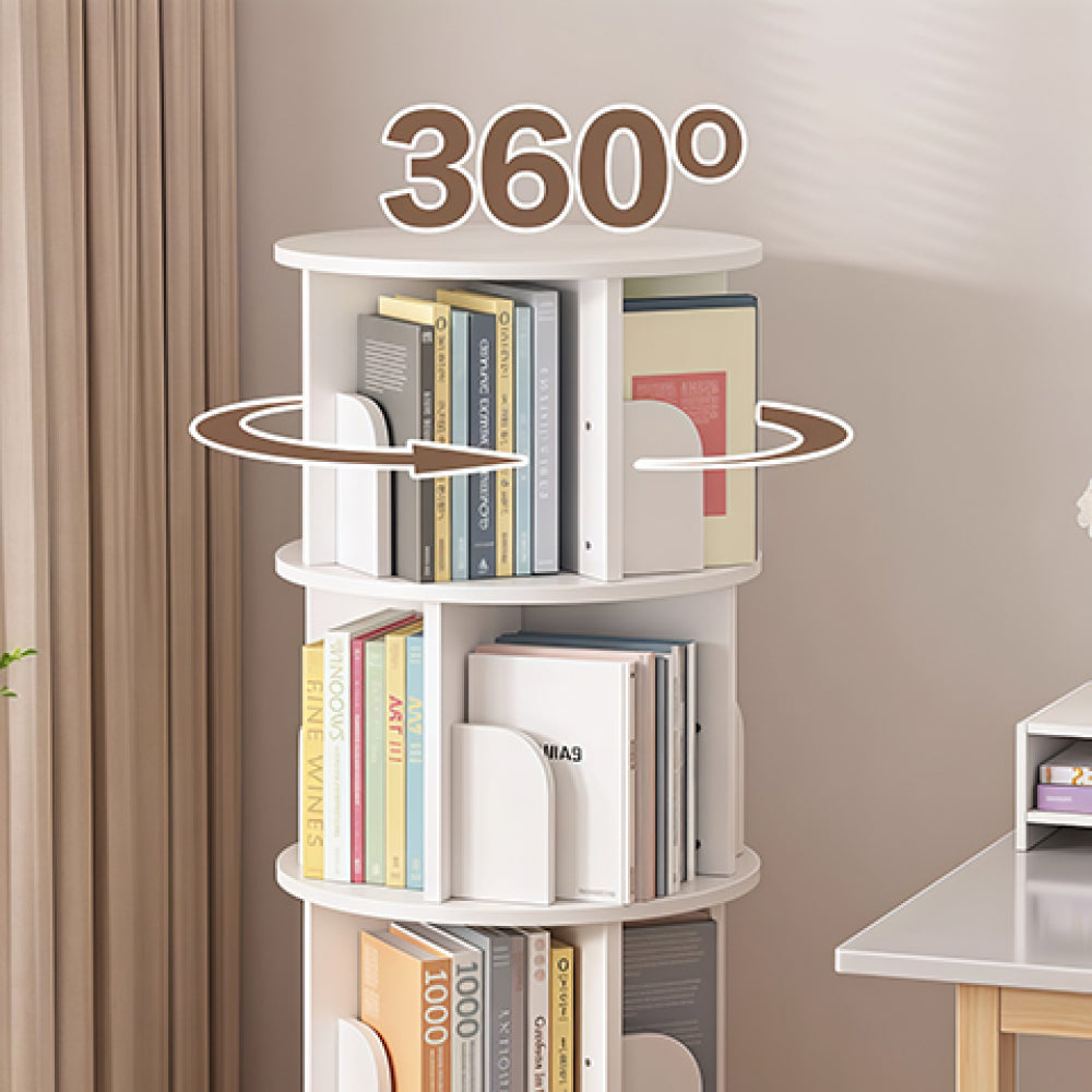 Chic Crate-5-Tier Rotating Bookshelf – 360° Display | Space-Saver | Warm White | Bedroom/Living Room/Office