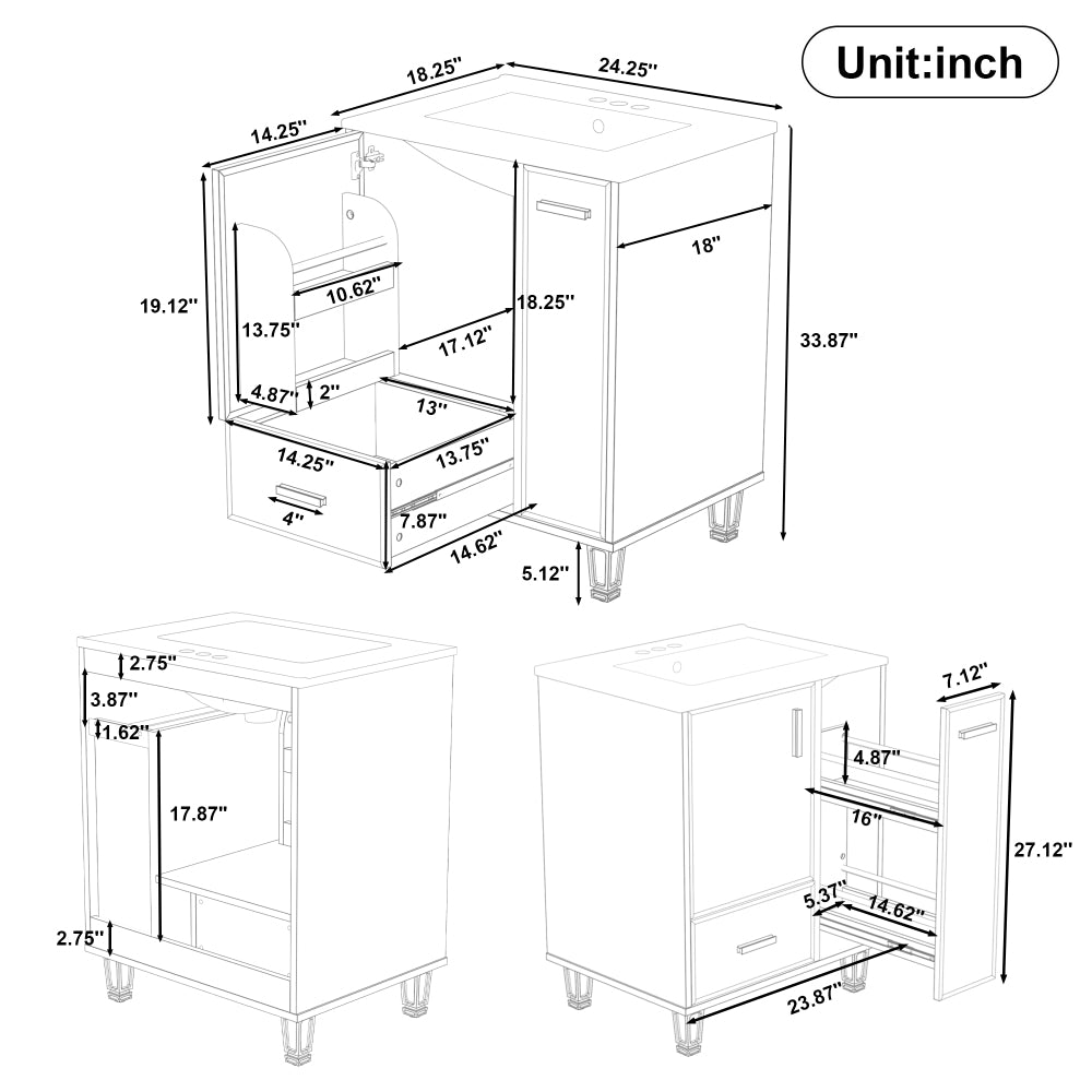 Chic Crate-24" Modern Bathroom Vanity – Sink & Deep Drawer | 2-Tier Pull-Out Basket | Solid Wood Frame | White