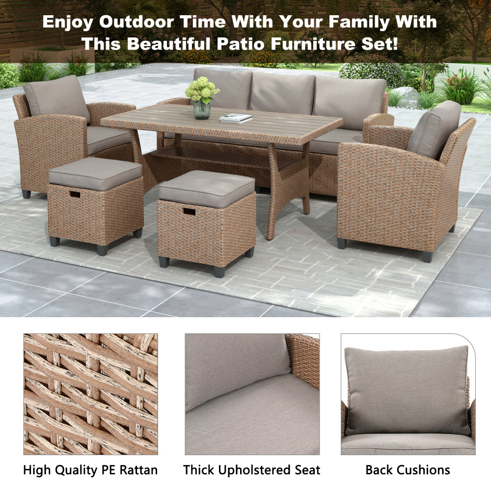 Chic Crate-Rustic Outdoor Wicker Set – 6-Piece Patio Furniture w/ Rattan Sofa, Chairs & Table | Natural Finish | Multi-Room