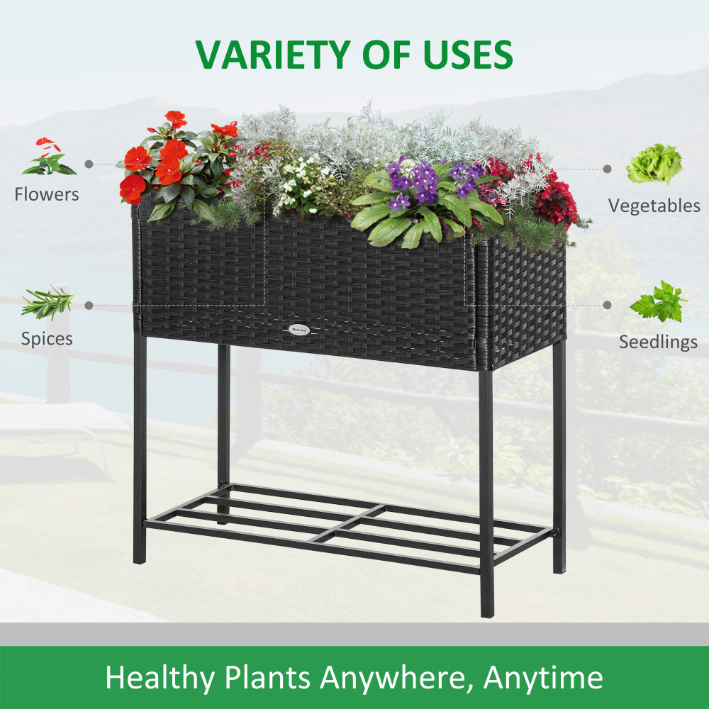 Chic Crate - Raised Garden Bed, Elevated Planter Box with Rattan Wicker Look, Tool Storage Shelf, Portable Design for Herbs, Vegetables, Flowers, Black