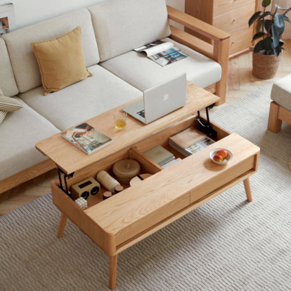 Solid Oak Wood Elevating Coffee Table, 100x60x45cm, Multi-Use as Center Table & Study Desk, Built-in Storage Shelf, Easy Assembly for Home Office