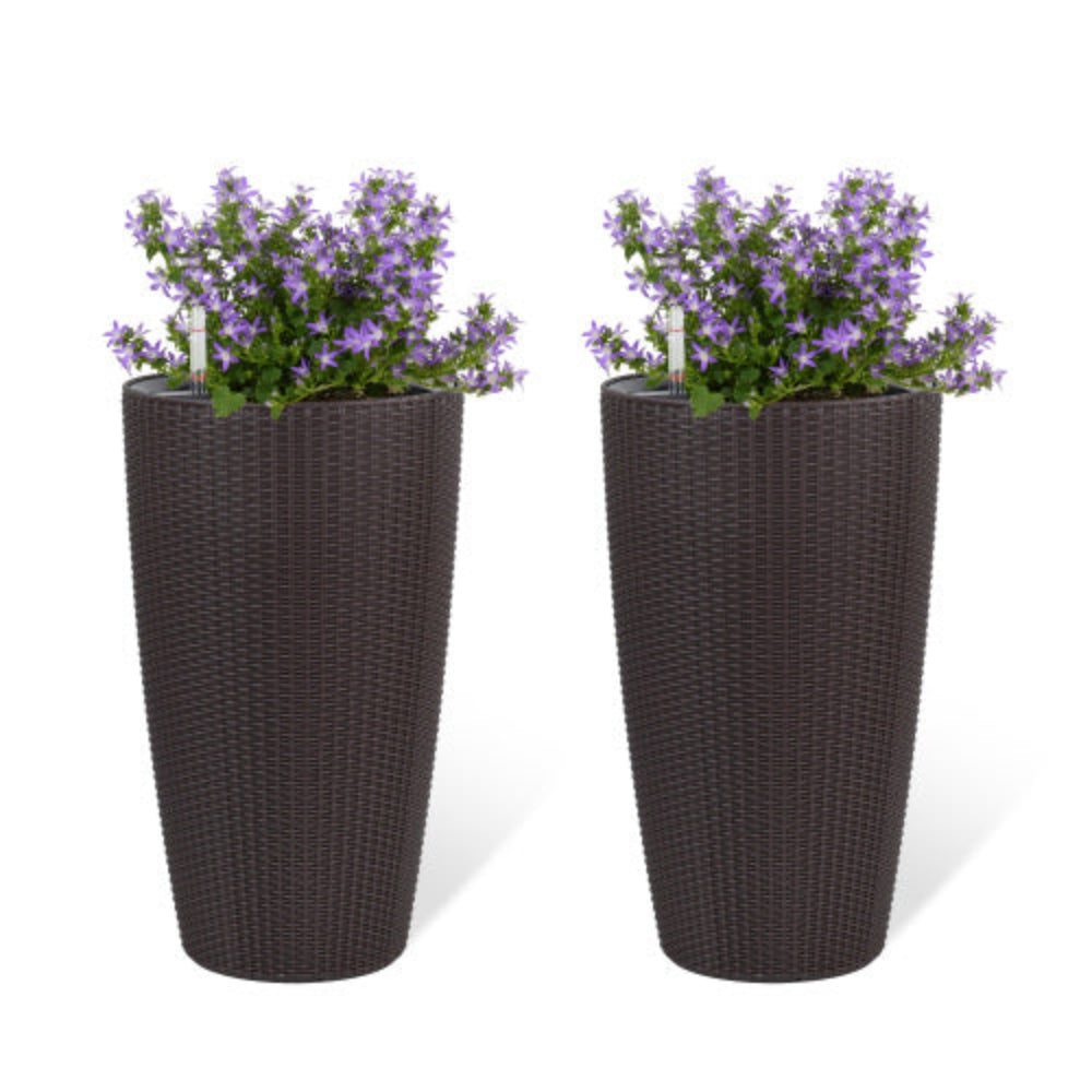 Set of 2 22 Inch Faux Rattan Tall Planters with Automatic Watering Water Level Monitor Inner Bucket for Indoor/ Patio Garden Porch Backyard Brown