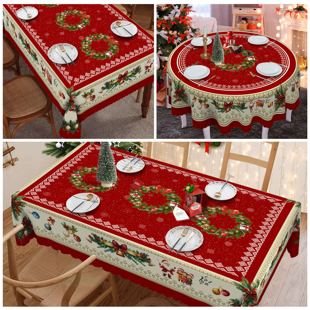 Christmas Tablecloth with Santa, elk and Wreath Designs, Dustproof Dining Table Cover for Holiday Decor