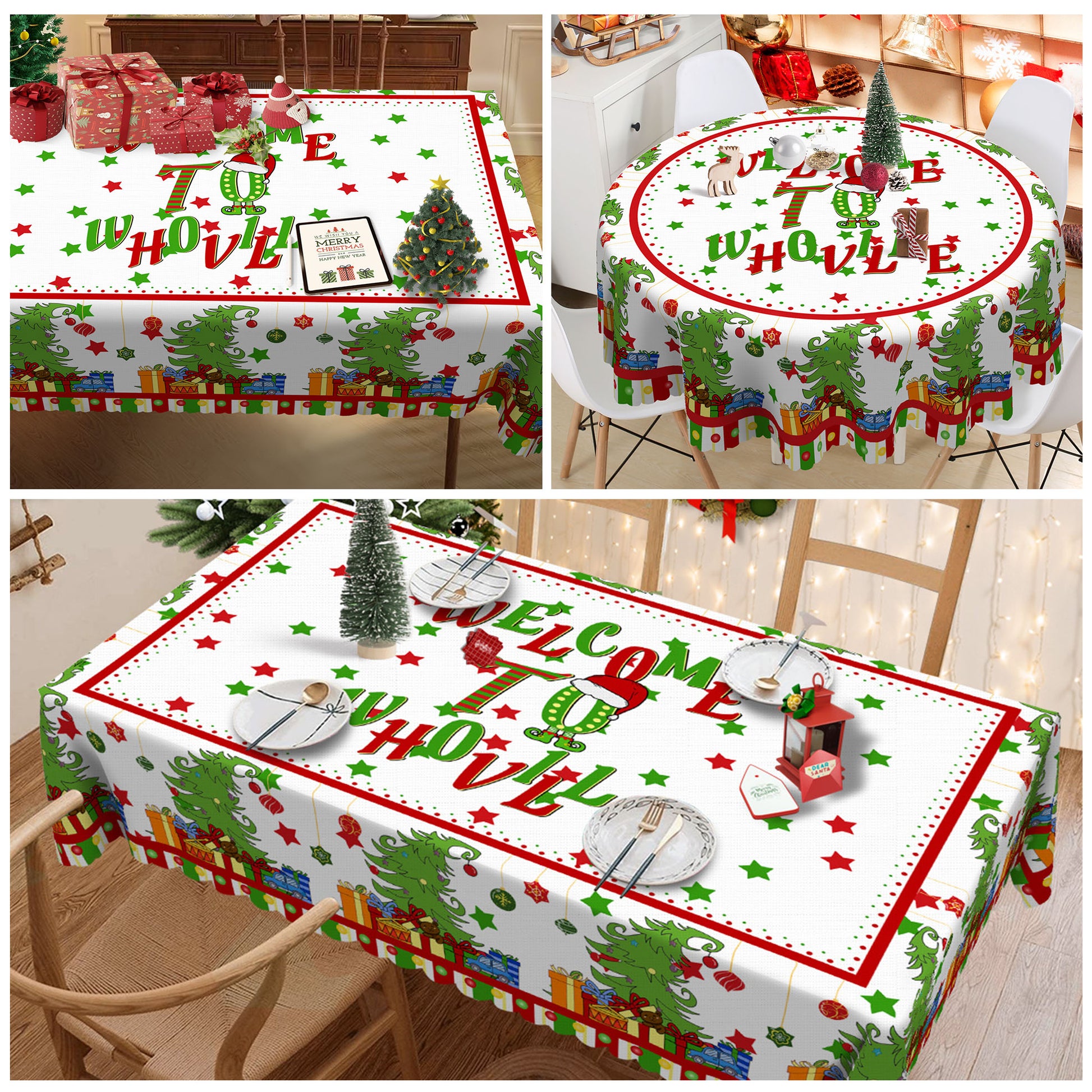 Merry Christmas Tablecloth, Snowman Santa Claus Christmas tree Stain-Resistant Dining Table Cover for Holiday Decor