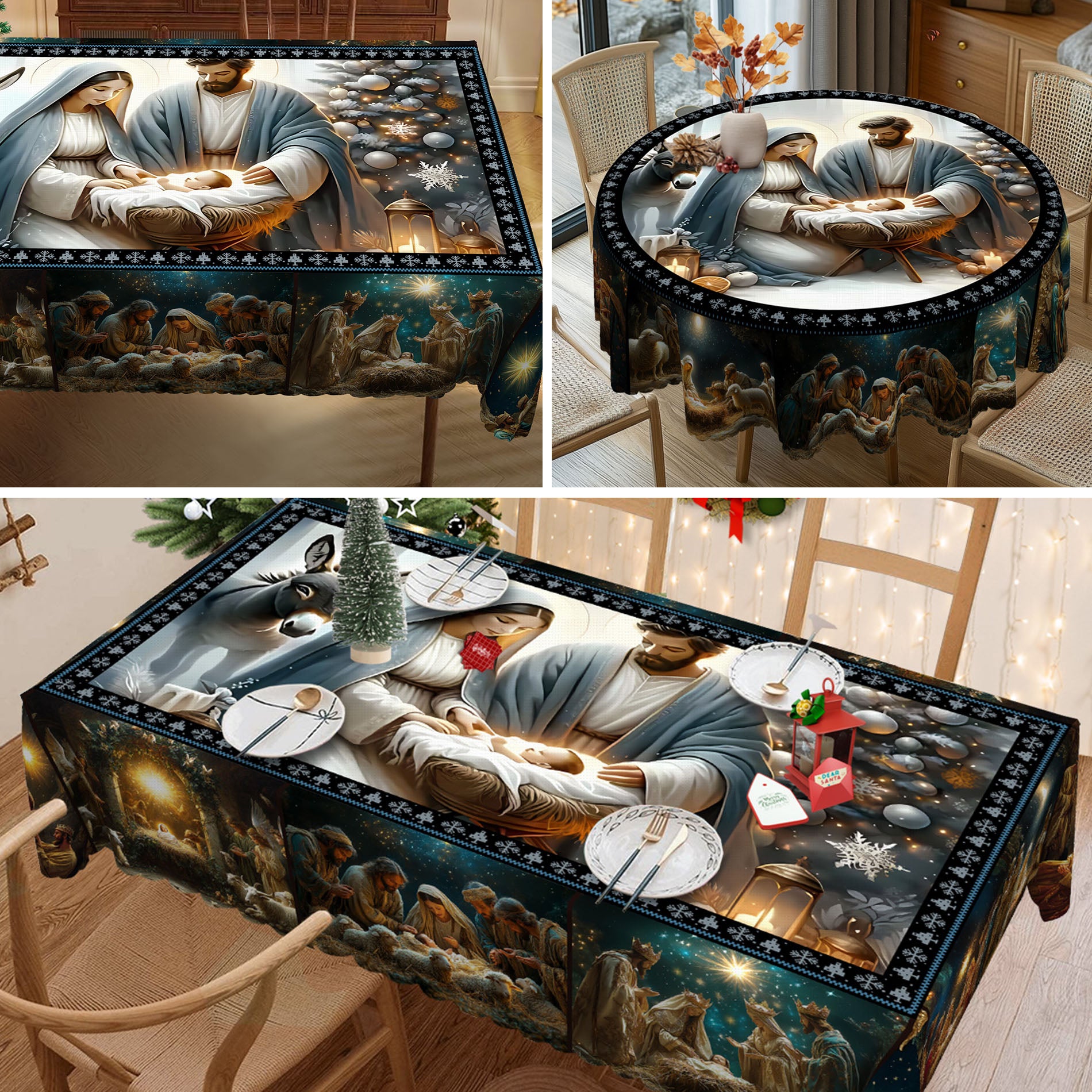 Christmas Tablecloth, Snowman Snowflake Stain-Resistant Dining Table Cover for Holiday Decor